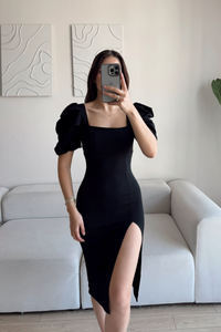 Kare Yaka Kol Pileli Elbise SİYAH J3X