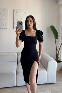 Kare Yaka Kol Pileli Elbise SİYAH J3X
