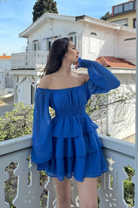 Kat Kat Volanlı Şifon Elbise 2831 SAKS MAVİSİ D1X