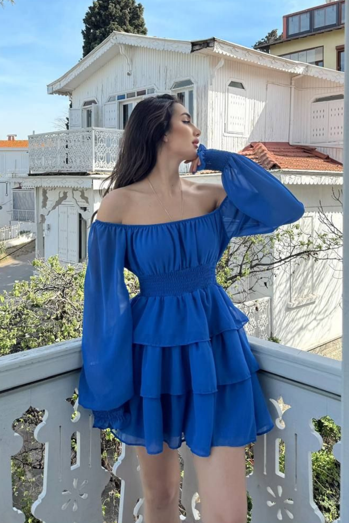 Kat Kat Volanlı Şifon Elbise 2831 SAKS MAVİSİ D1X