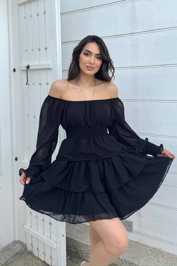 Kat Kat Volanlı Şifon Elbise 2831 SİYAH D1X