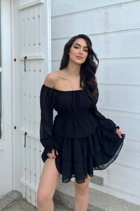 Kat Kat Volanlı Şifon Elbise 2831 SİYAH D1X