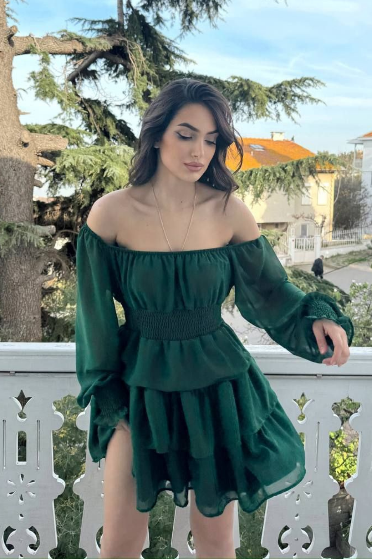 Kat Kat Volanlı Şifon Elbise 2831 YEŞİL D1X