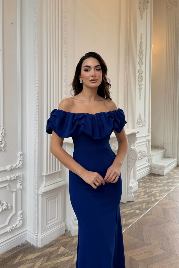 Katre Yaka Fırfırlı Yırtmaçlı Abiye 582834 SAKS MAVİSİ