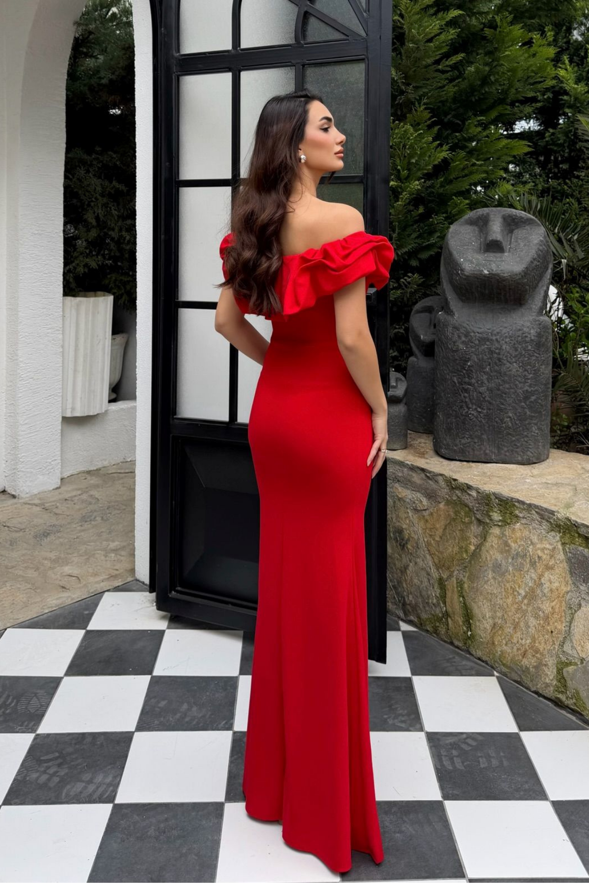 Katre Yaka Fırfırlı Yırtmaçlı Abiye 582834 KIRMIZI