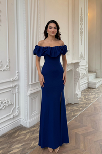 Katre Yaka Fırfırlı Yırtmaçlı Abiye 582834 SAKS MAVİSİ