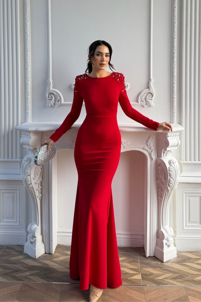 Kayla Omuz Vatkalı Tasarım Abiye 583073 KIRMIZI