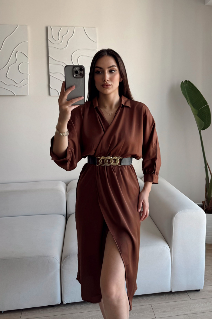 Kruvaze Anvelop Saten Elbise 2938 KAHVERENGİ