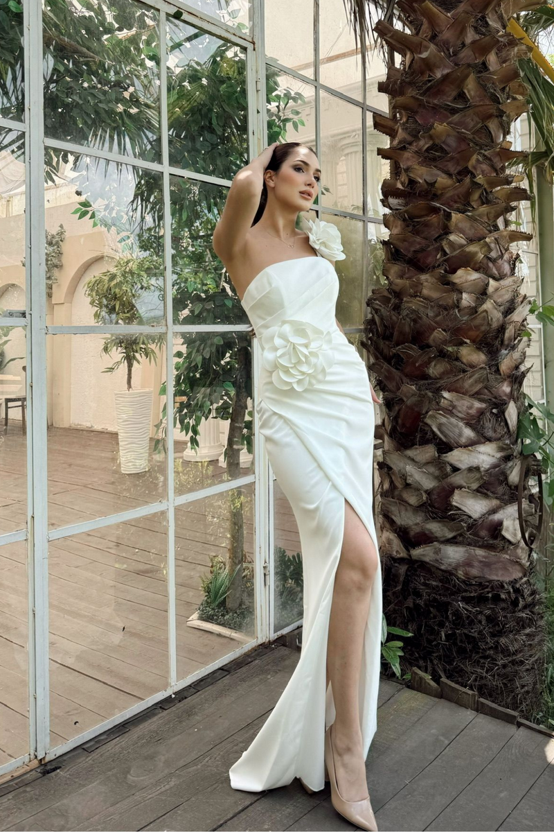 Larissa Çiçek Tasarım Yırtmaçlı Abiye 4703 BEYAZ