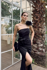 Larissa Çiçek Tasarım Yırtmaçlı Abiye 4703 SİYAH