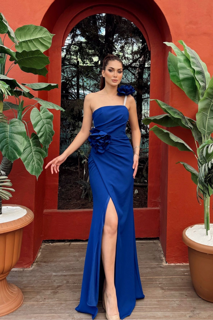 Larissa Çiçek Tasarım Yırtmaçlı Abiye 4703 SAKS MAVİSİ