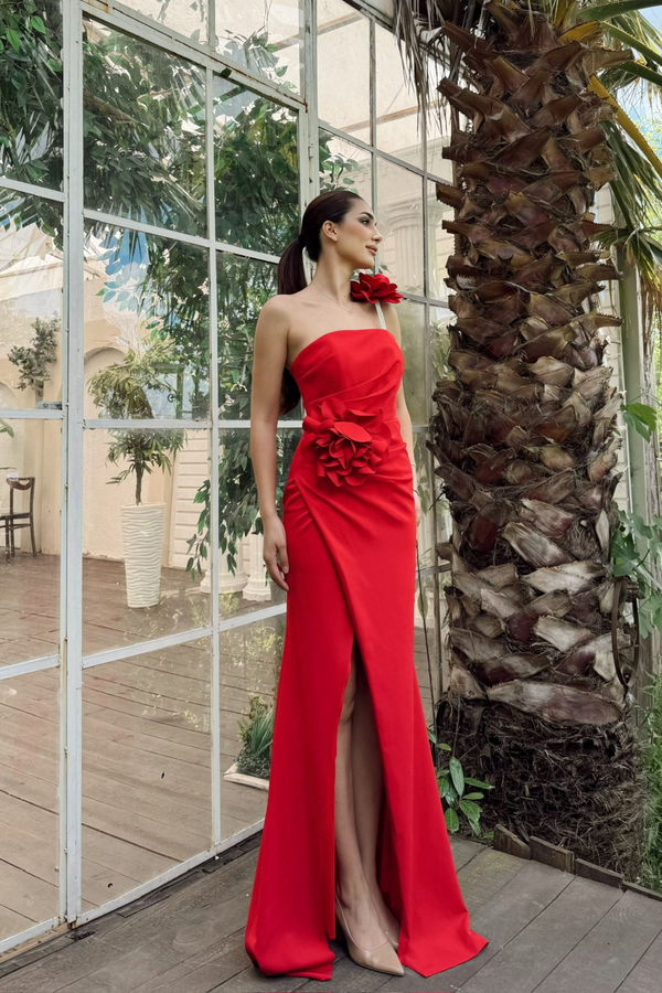 Larissa Çiçek Tasarım Yırtmaçlı Abiye 4703 KIRMIZI