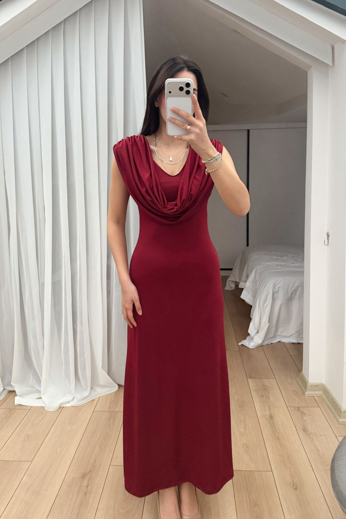Lenal Degaje Yaka Midi Elbise 4542 BORDO