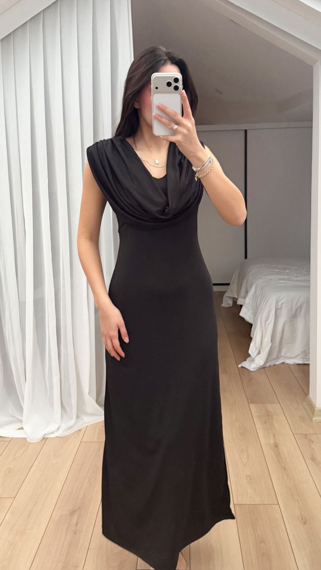 Lenal Degaje Yaka Midi Elbise 4542 SİYAH
