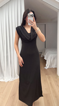 Lenal Degaje Yaka Midi Elbise 4542 SİYAH