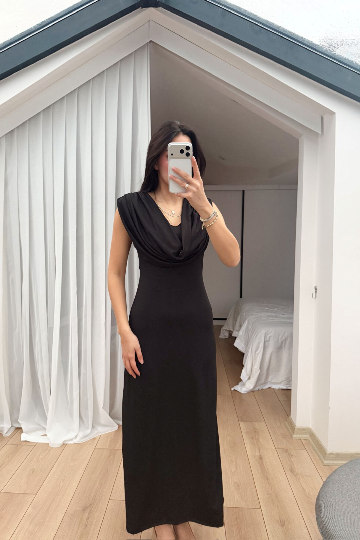 Lenal Degaje Yaka Midi Elbise 4542 SİYAH