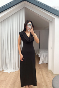 Lenal Degaje Yaka Midi Elbise 4542 SİYAH