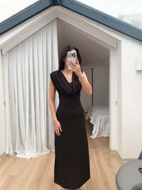 Lenal Degaje Yaka Midi Elbise 4542 SİYAH