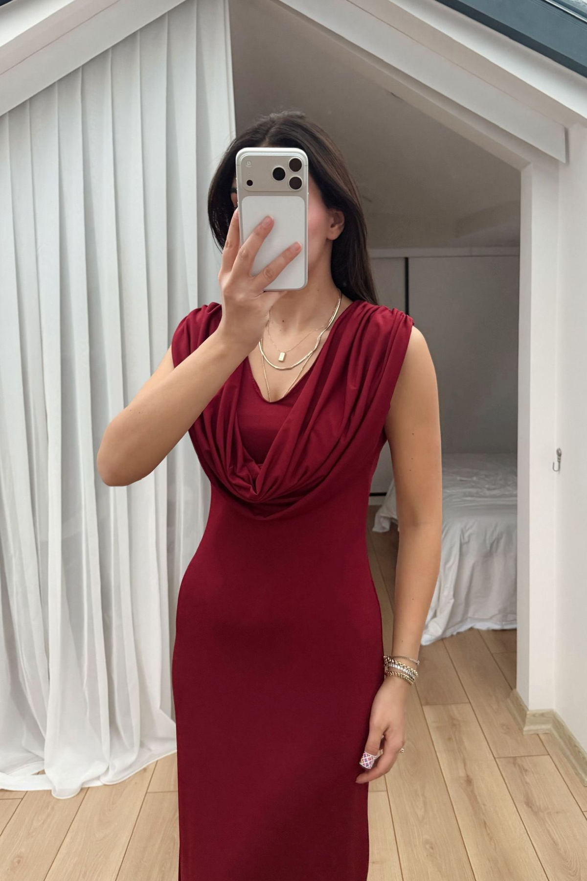 Lenal Degaje Yaka Midi Elbise 4542 BORDO
