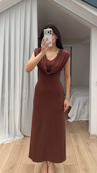 Lenal Degaje Yaka Midi Elbise 4542 KAHVERENGİ