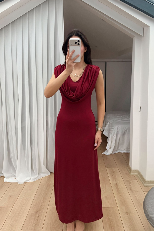 Lenal Degaje Yaka Midi Elbise 4542 BORDO
