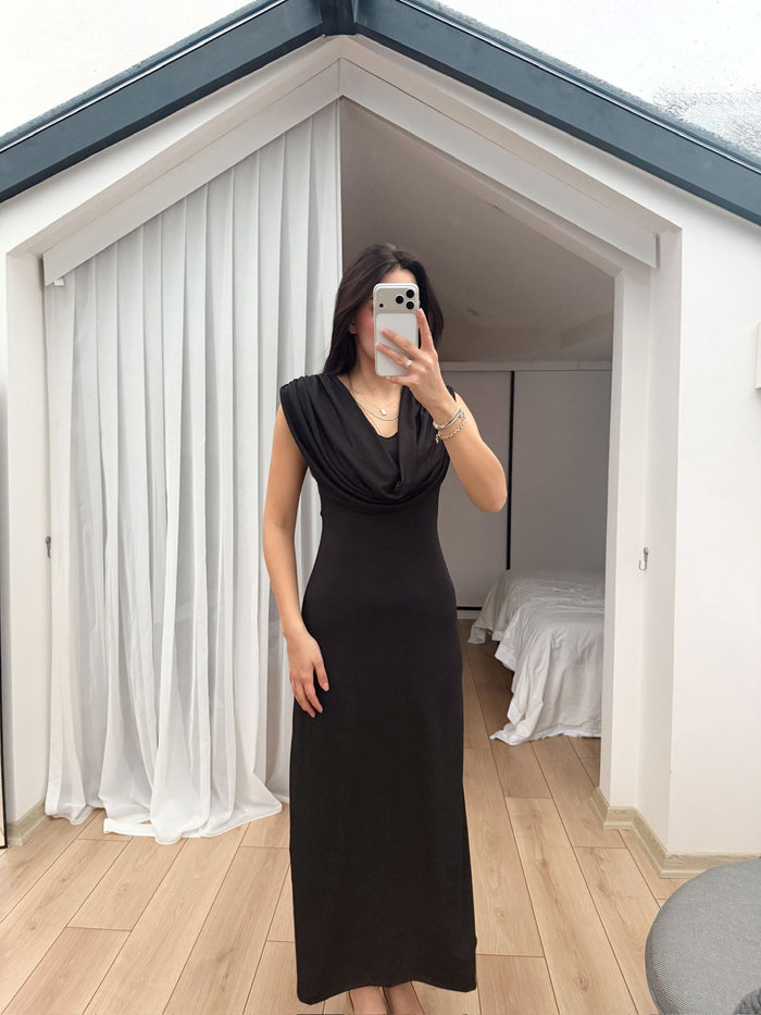 Lenal Degaje Yaka Midi Elbise 4542 SİYAH