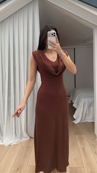 Lenal Degaje Yaka Midi Elbise 4542 KAHVERENGİ