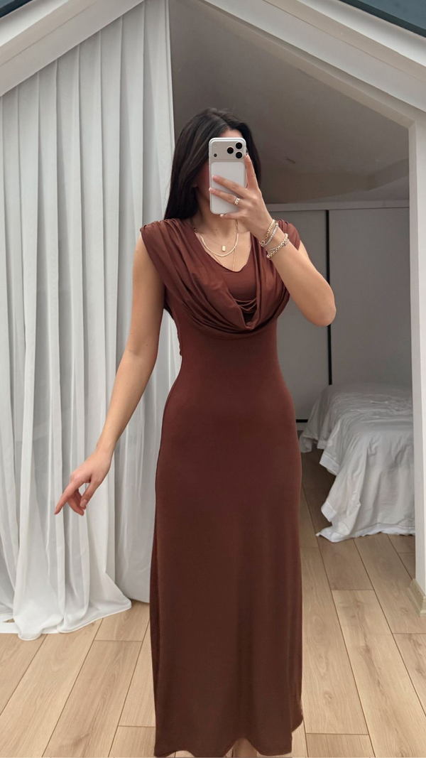Lenal Degaje Yaka Midi Elbise 4542 KAHVERENGİ