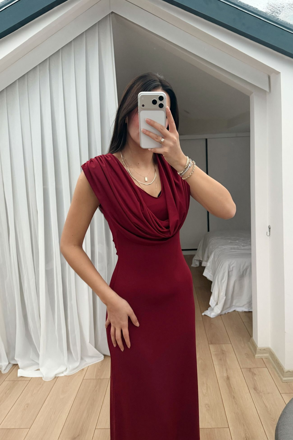 Lenal Degaje Yaka Midi Elbise 4542 BORDO