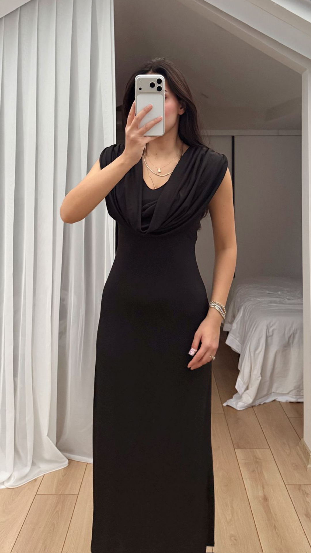 Lenal Degaje Yaka Midi Elbise 4542 SİYAH