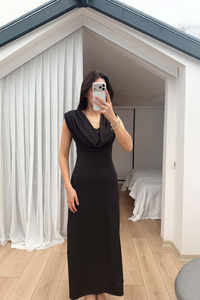 Lenal Degaje Yaka Midi Elbise 4542 SİYAH
