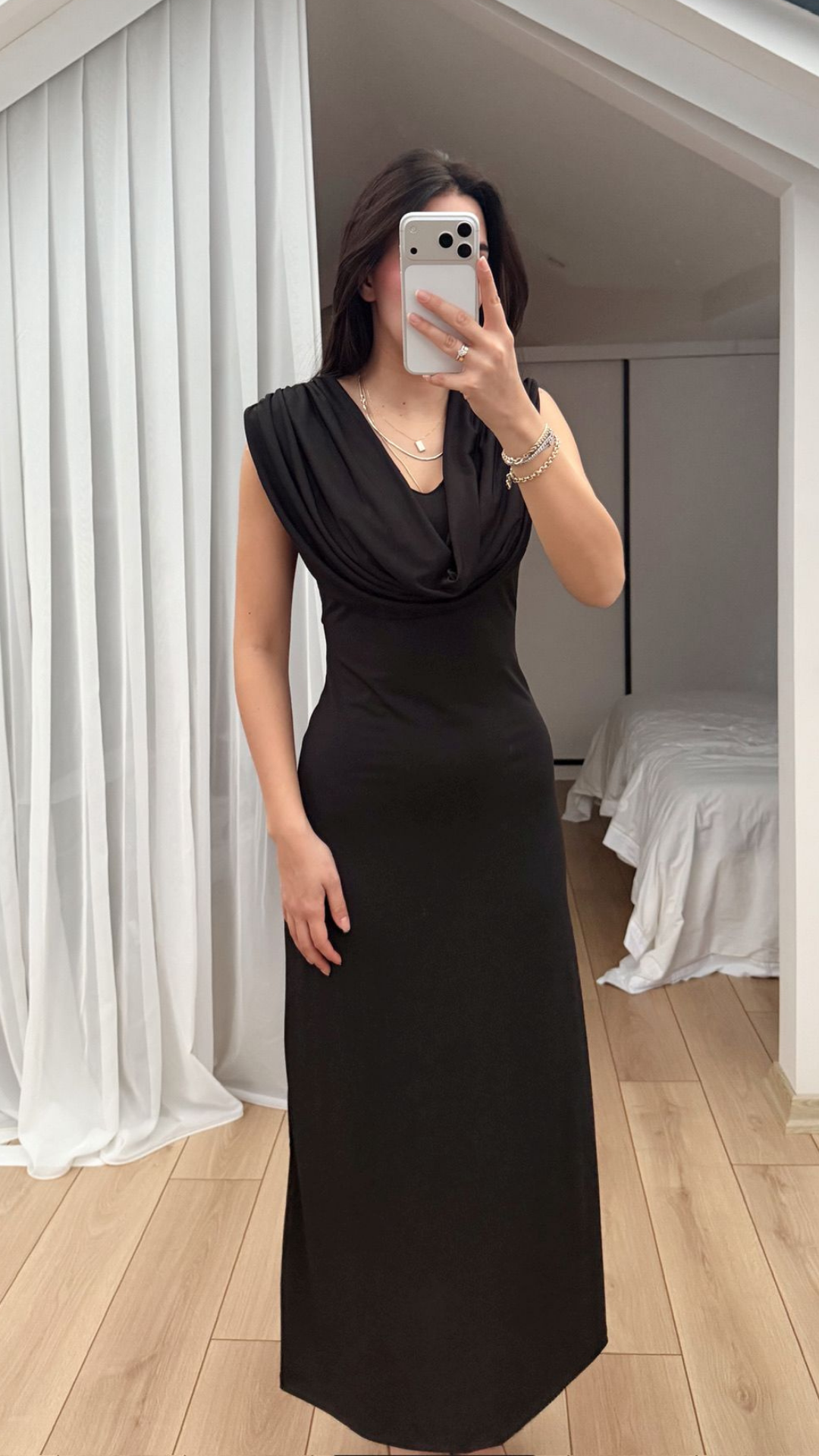 Lenal Degaje Yaka Midi Elbise 4542 SİYAH