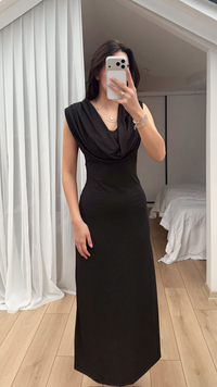 Lenal Degaje Yaka Midi Elbise 4542 SİYAH