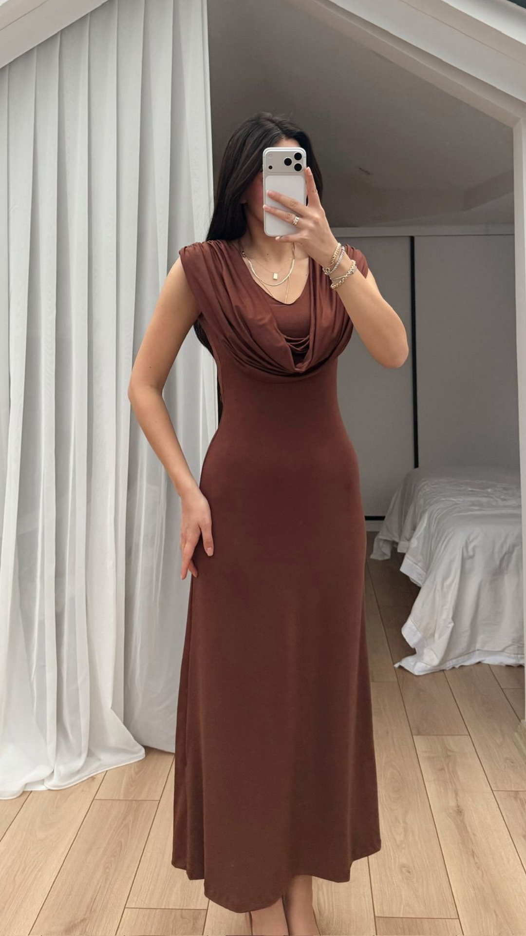 Lenal Degaje Yaka Midi Elbise 4542 KAHVERENGİ