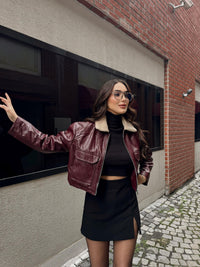 Leona Yaka Peluş Detay Ceket 2596 BORDO