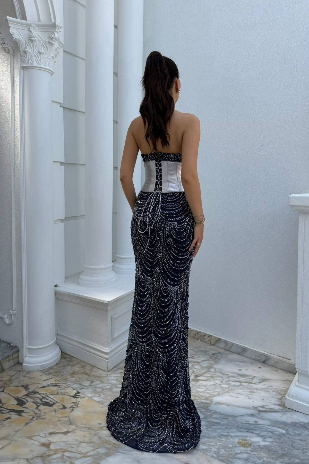 Leyan Boncuk İşleme Korse Detay Abiye 309 LACİVERT