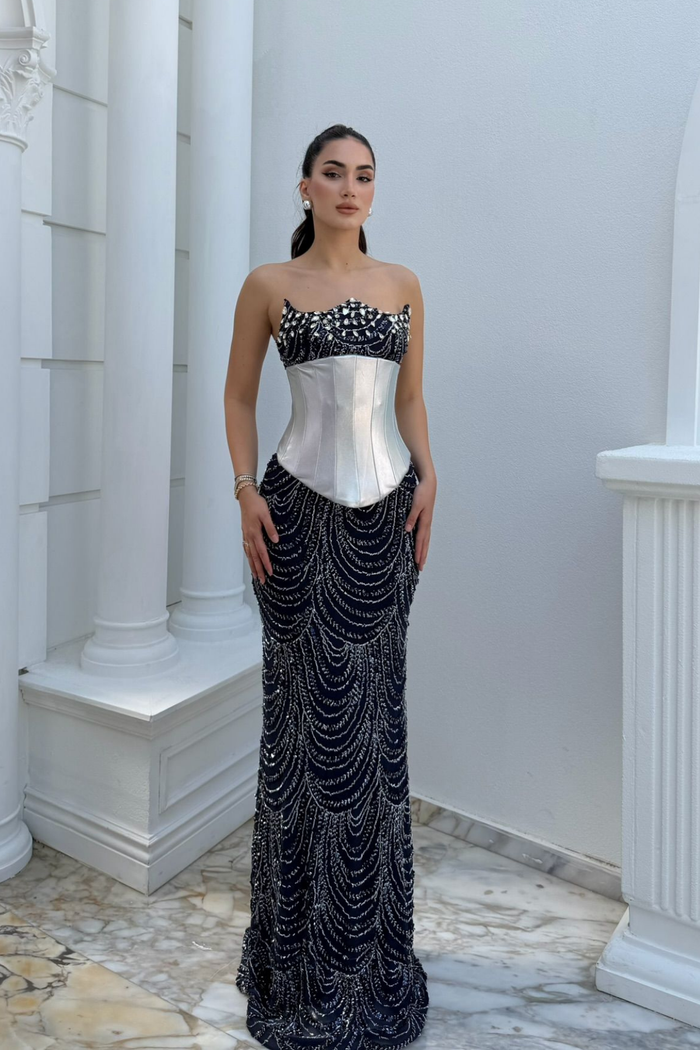 Leyan Boncuk İşleme Korse Detay Abiye 309 LACİVERT
