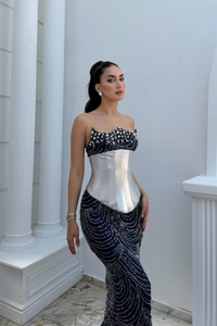 Leyan Boncuk İşleme Korse Detay Abiye 309 LACİVERT