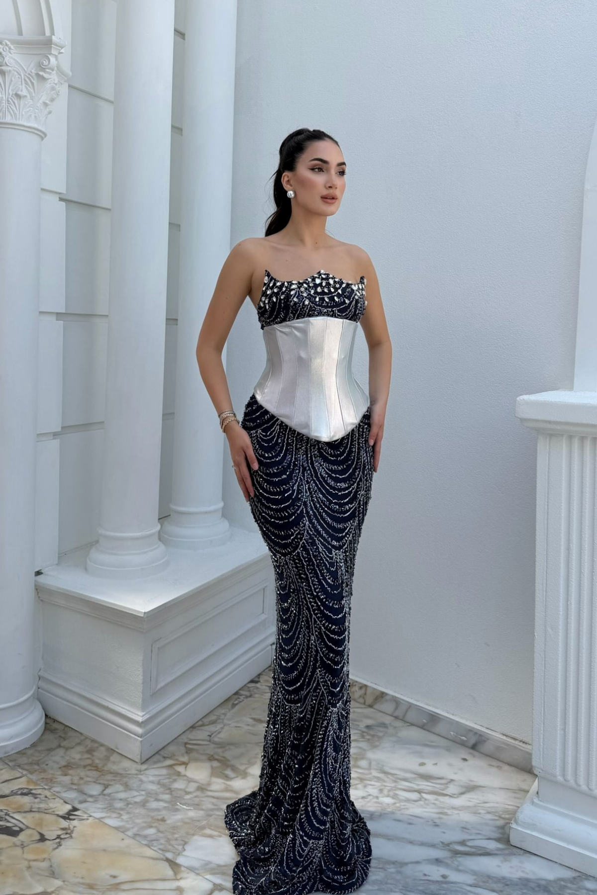 Leyan Boncuk İşleme Korse Detay Abiye 309 LACİVERT