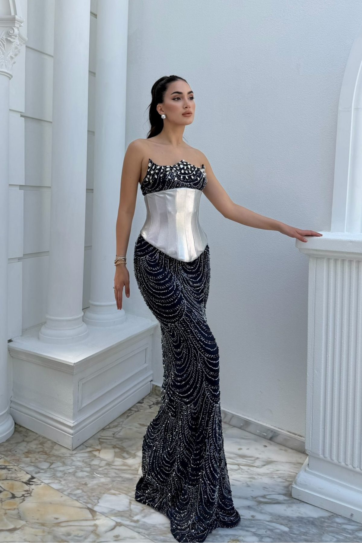 Leyan Boncuk İşleme Korse Detay Abiye 309 LACİVERT