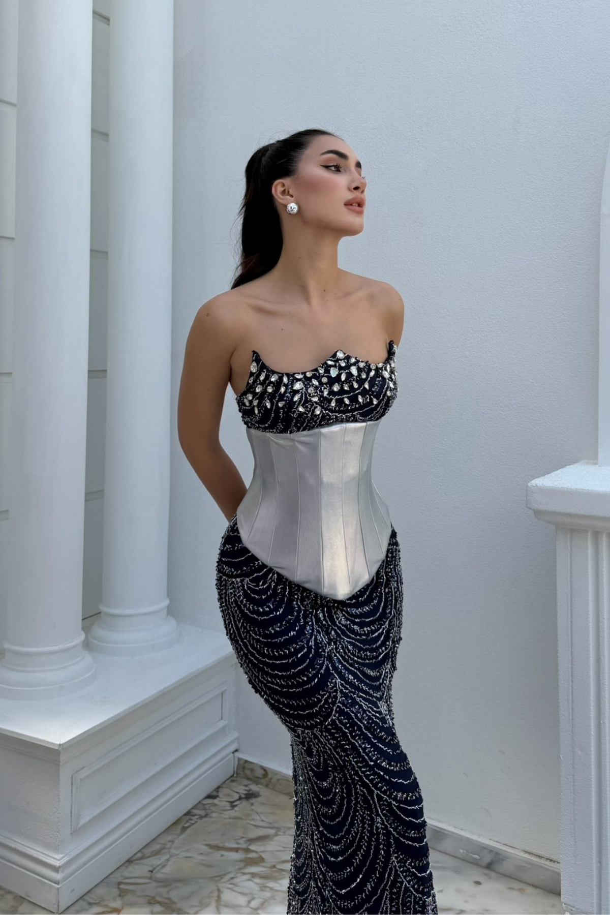 Leyan Boncuk İşleme Korse Detay Abiye 309 LACİVERT