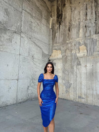 Lianna Degaje Yaka Midi Elbise 3896 SAKS MAVİSİ