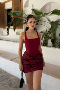 Lina Kare Yaka Mini Tasarım Elbise 7895 BORDO