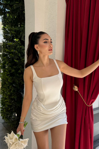 Lina Kare Yaka Mini Tasarım Elbise 7895 BEYAZ
