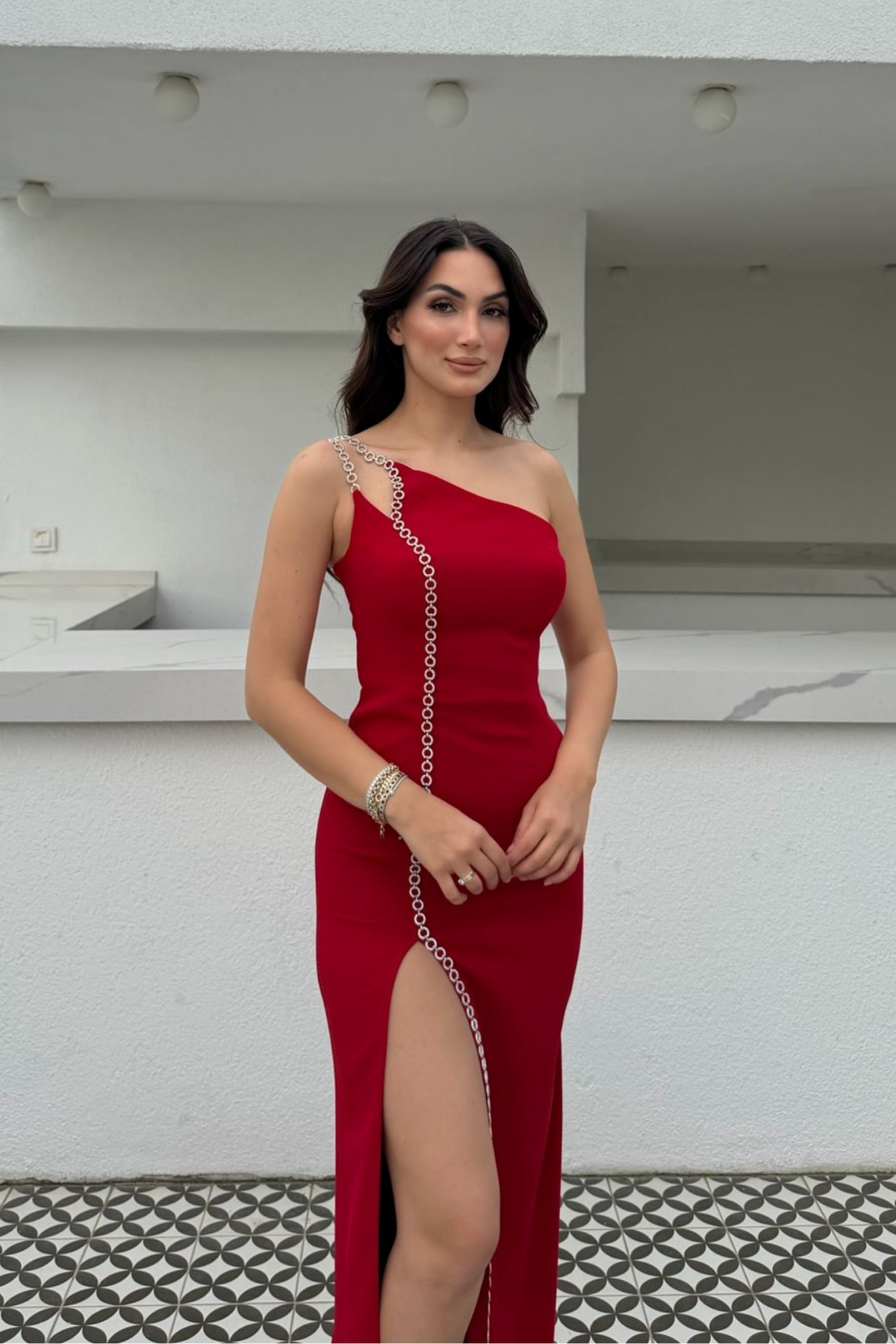 Lora Zincir Askı Detay Yırtmaçlı Abiye 1003 KIRMIZI