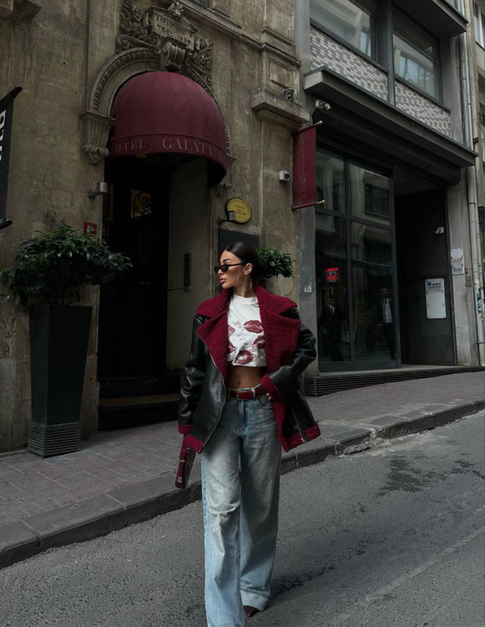 Lua İçi Kürklü Oversize Deri Kaban 9563 SİYAH