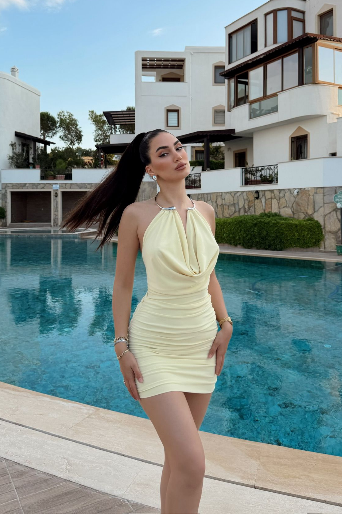 Luna Gold Askı Detay Mini Elbise 303 SARI