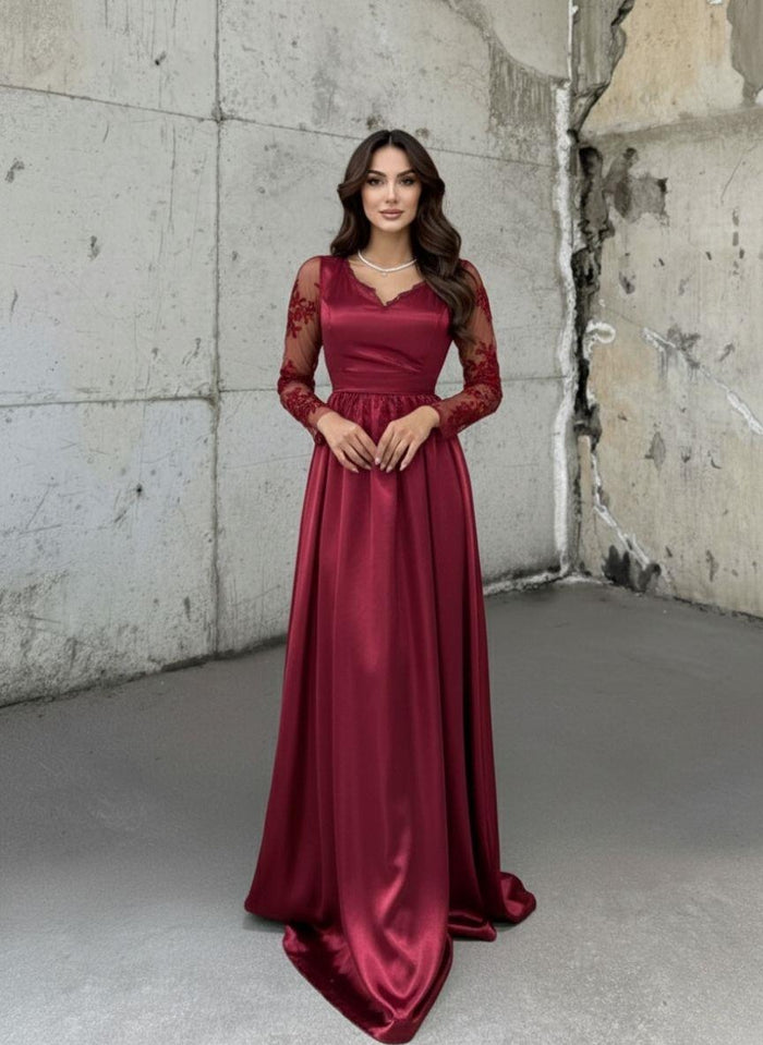 Melek Güpür Detay Saten Abiye 16326 BORDO