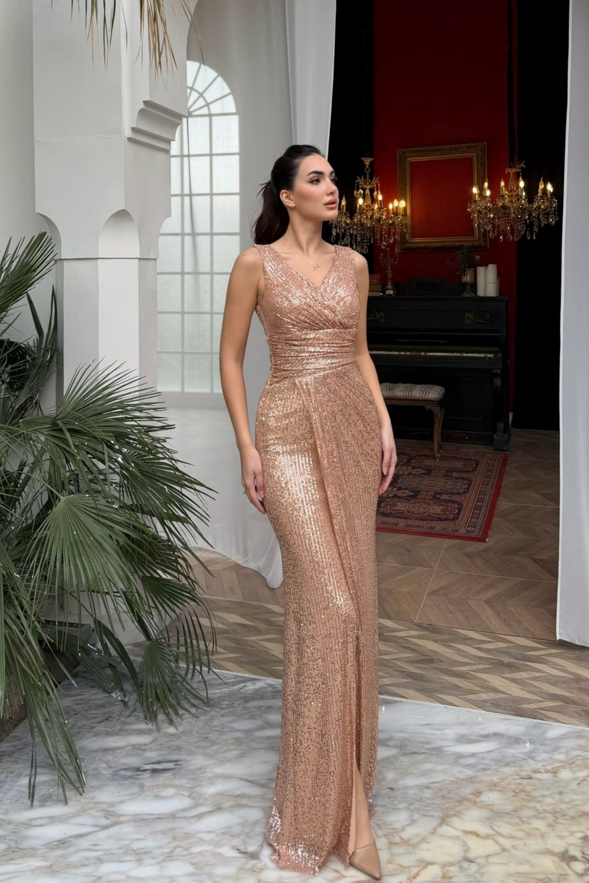 Merry V Yaka Payetli Abiye 1072 GOLD