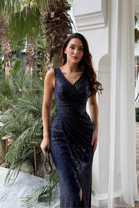 Merry V Yaka Payetli Abiye 1072 LACİVERT